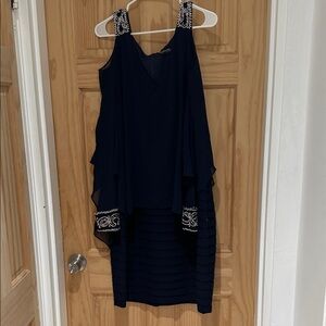 Betsy & Adam Navy Asymmetrical Dress with Embellished Straps